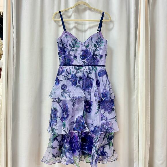 Marchesa Notte Floral Tiered Twist Front Tea Length Dress Organza Lilac US 4 - Picture 6 of 7